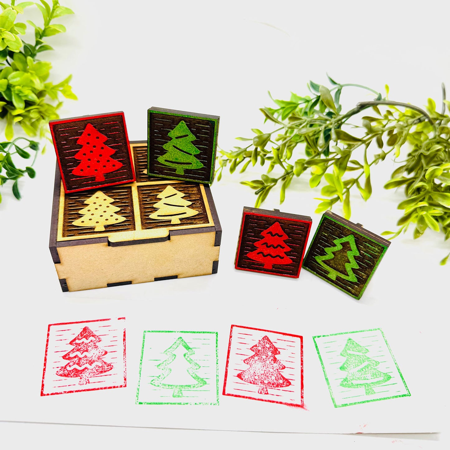 Christmas Tree Wood Block Print Stamp (Set of 4) + Storage Box - Collection #1 - Glowforge