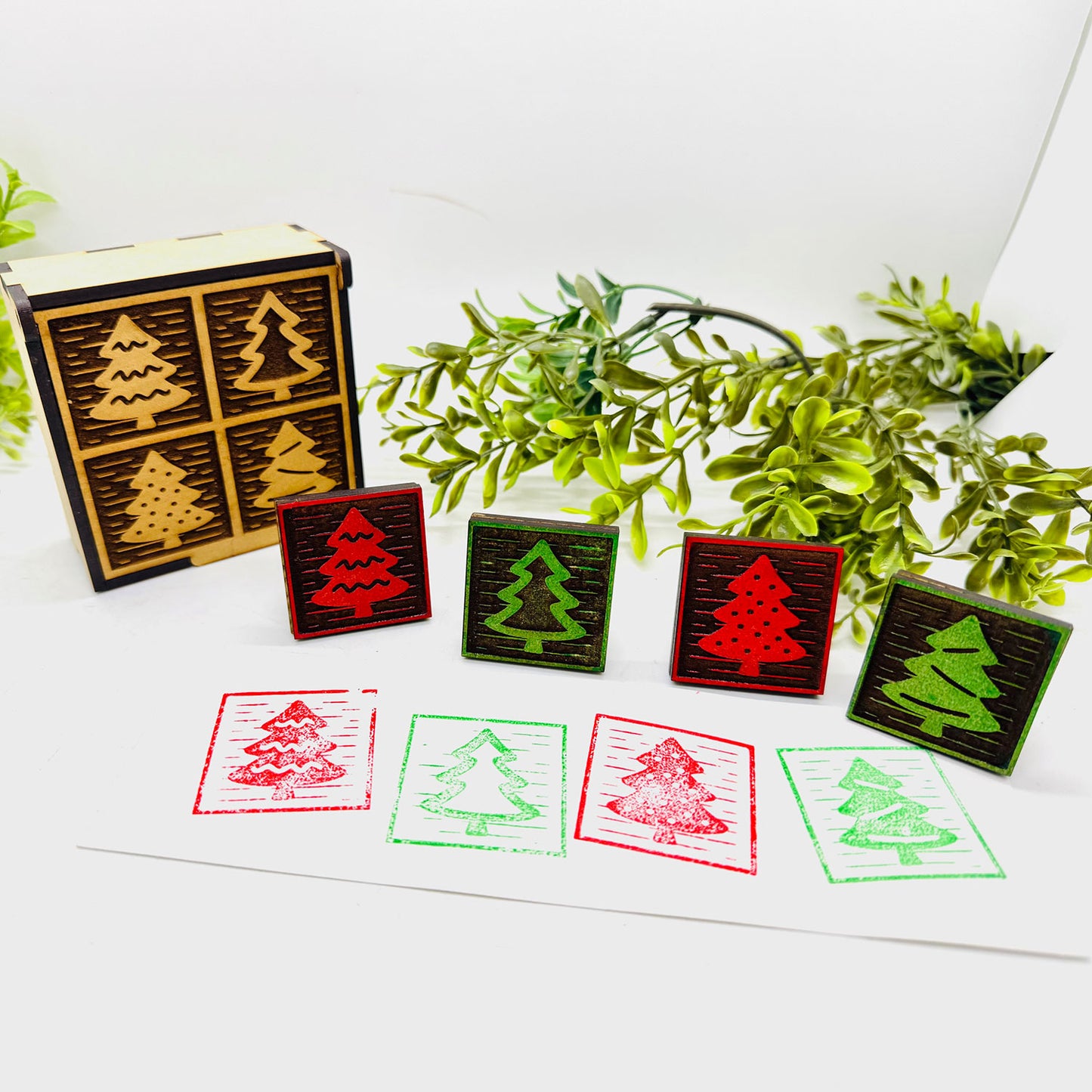 Christmas Tree Wood Block Print Stamp (Set of 4) + Storage Box - Collection #1 - Glowforge