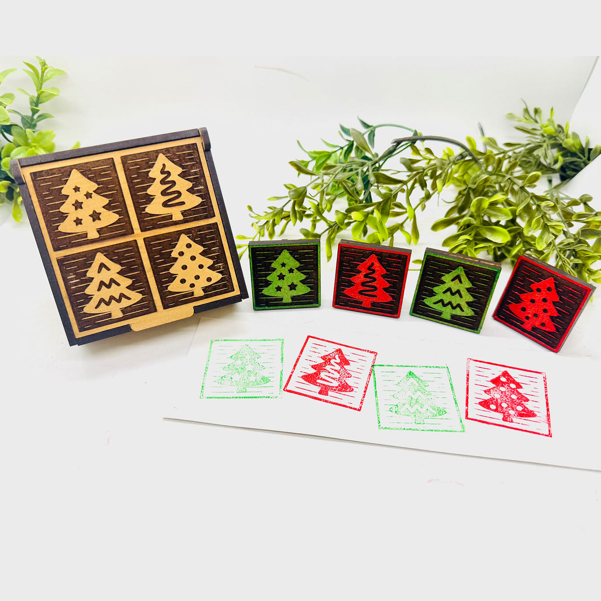 Christmas Tree Wood Block Print Stamp (Set of 4) + Storage Box - Collection #2 - Glowforge
