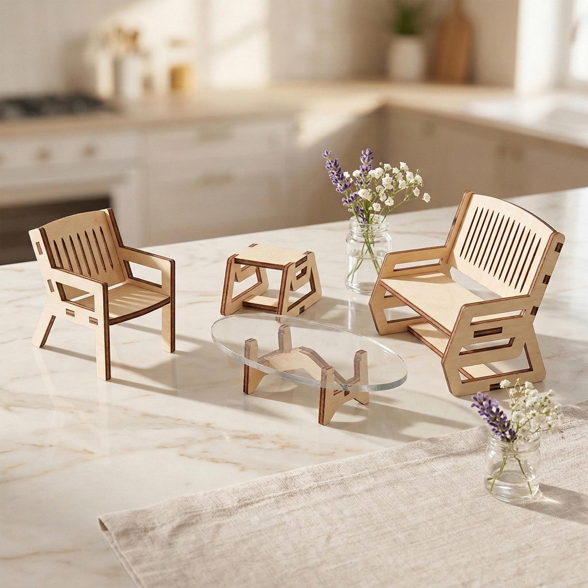 Coffee Table & Chairs Miniature - Dollhouse Furniture Set - Glowforge