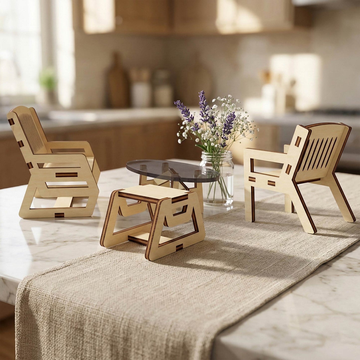 Coffee Table & Chairs Miniature - Dollhouse Furniture Set - Glowforge
