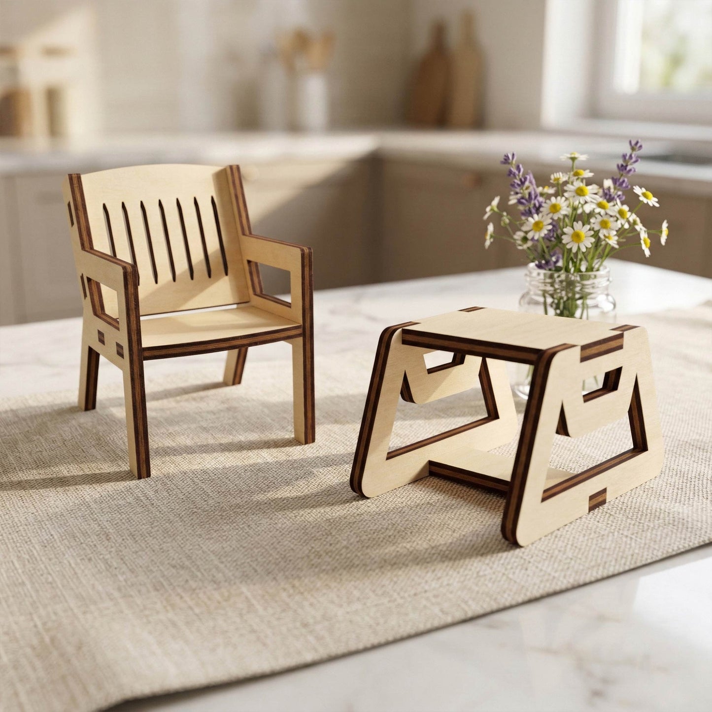 Coffee Table & Chairs Miniature - Dollhouse Furniture Set - Glowforge