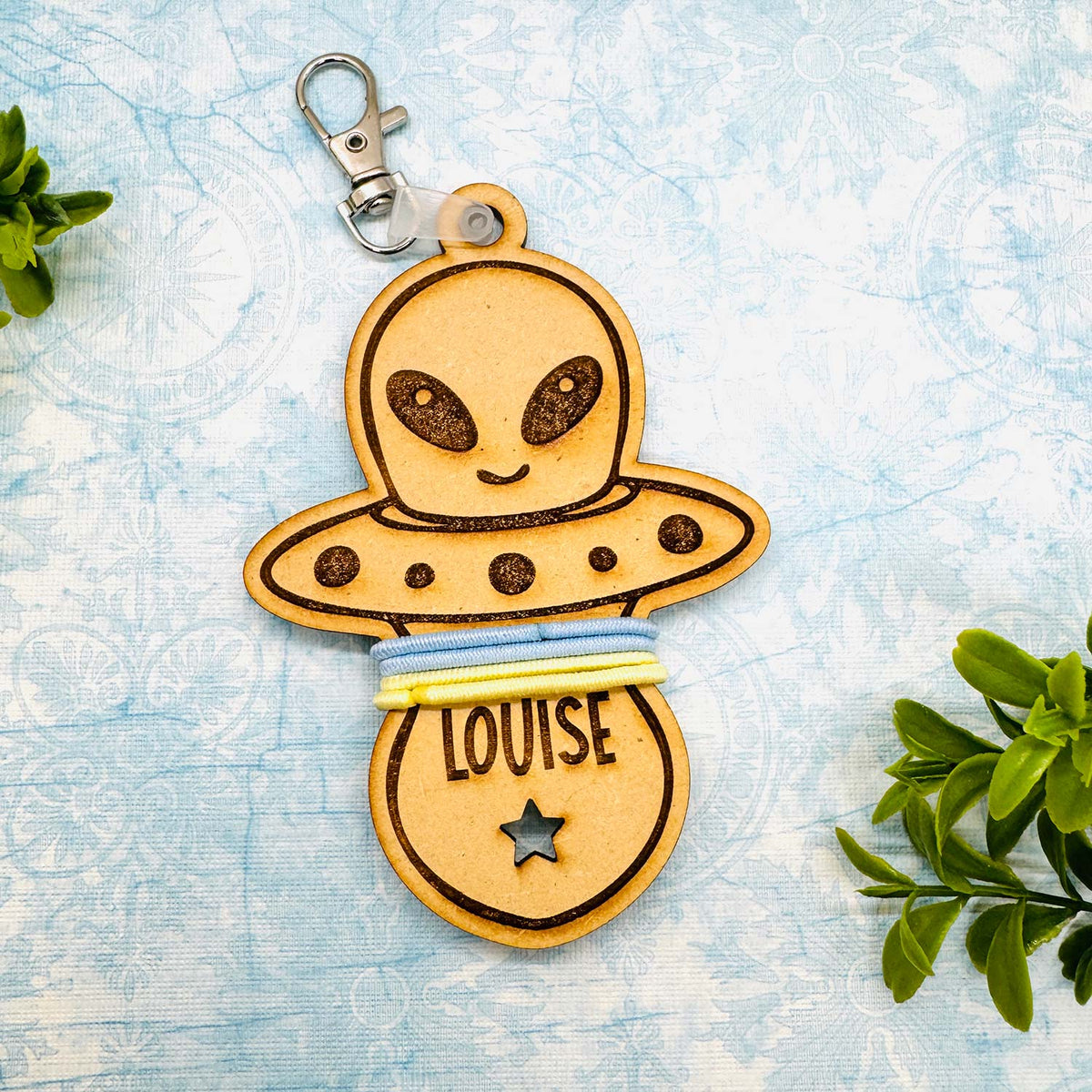 Cosmic Alien Hair Tie Holder Keychain with Editable Text - Glowforge