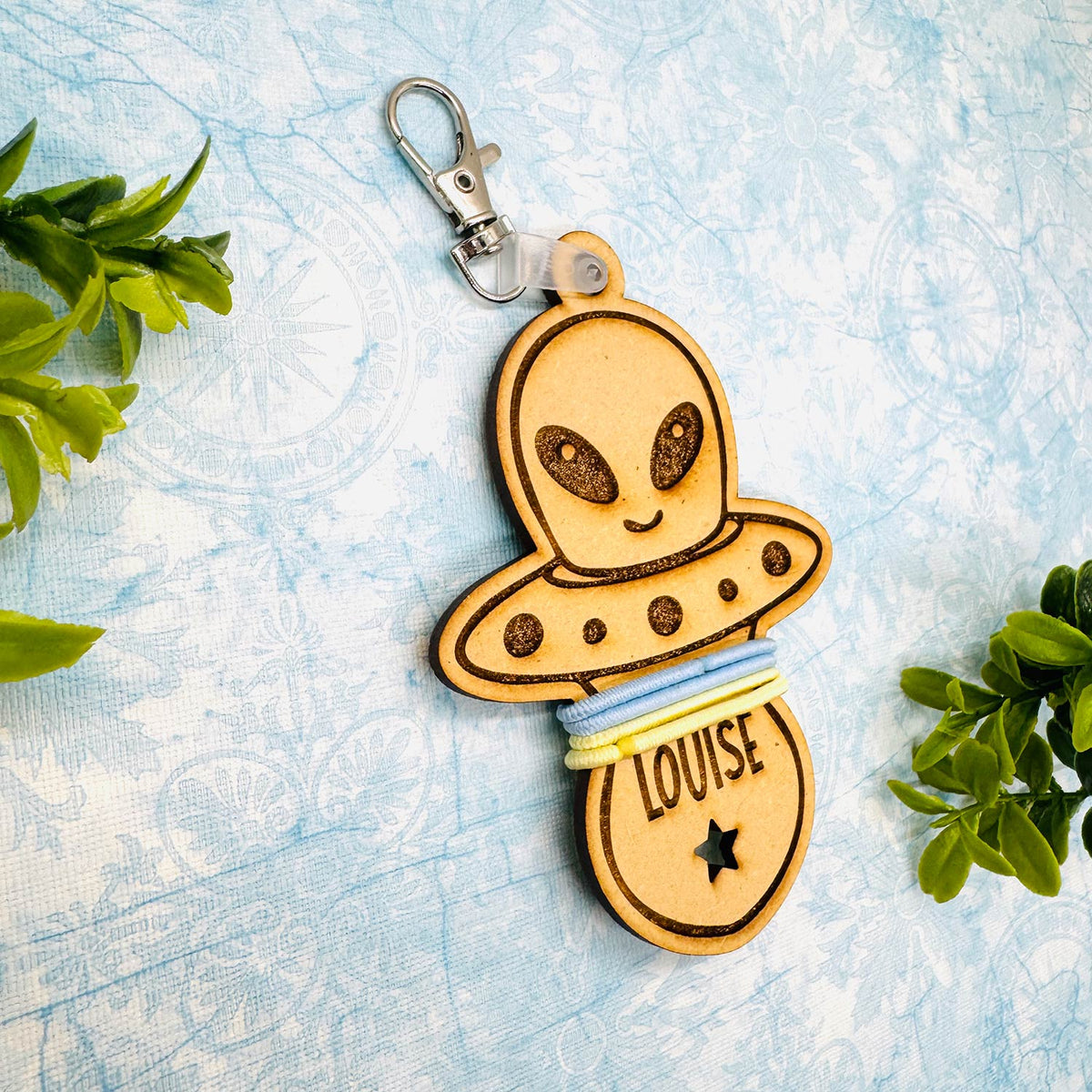 Cosmic Alien Hair Tie Holder Keychain with Editable Text - Glowforge
