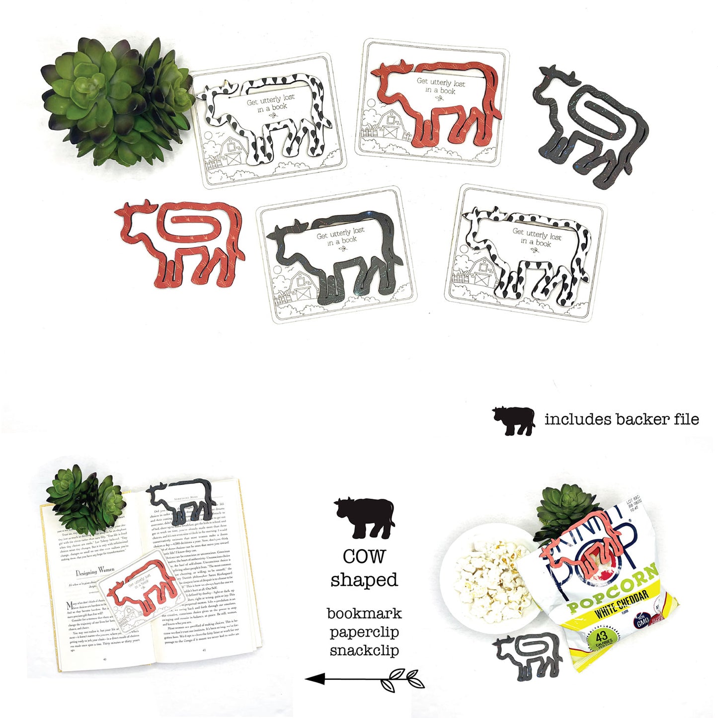 Cow Shaped Bookmark with Card Backer - Paperclip - Snack Bag Closure - Glowforge