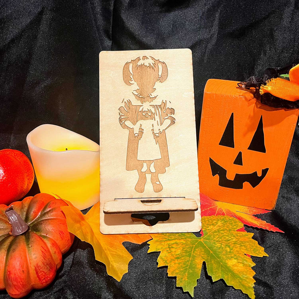 Creepy Girl with Doll Halloween Phone Stand - Glowforge