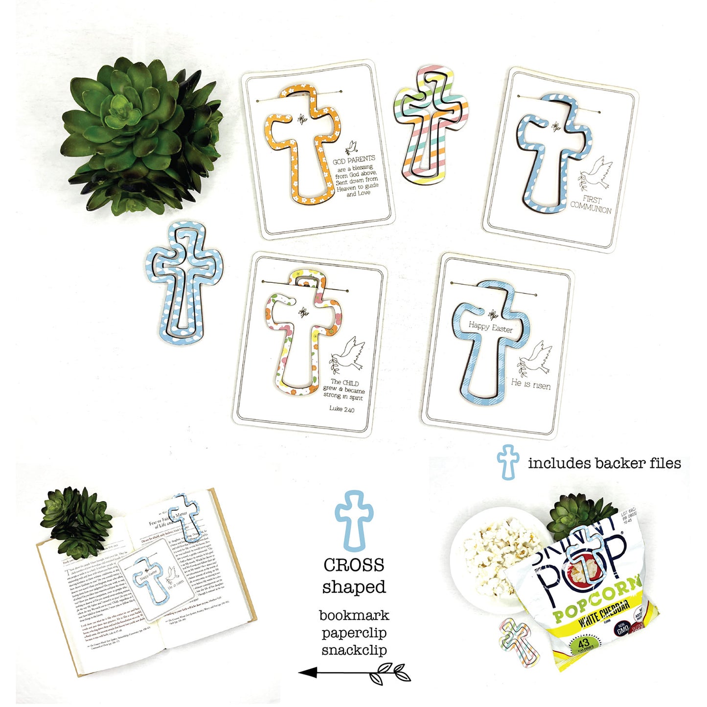 Cross Shaped Bookmark with Card Backer - Paperclip - Snack Bag Closure - Glowforge