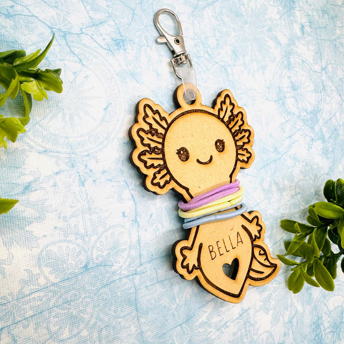 Cute Axolotl Hair Tie Holder Keychain with Editable Text - Glowforge