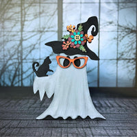 Cute Cat Lady Ghost with Witch Hat & Black Cat Shelf Leaner - Glowforge