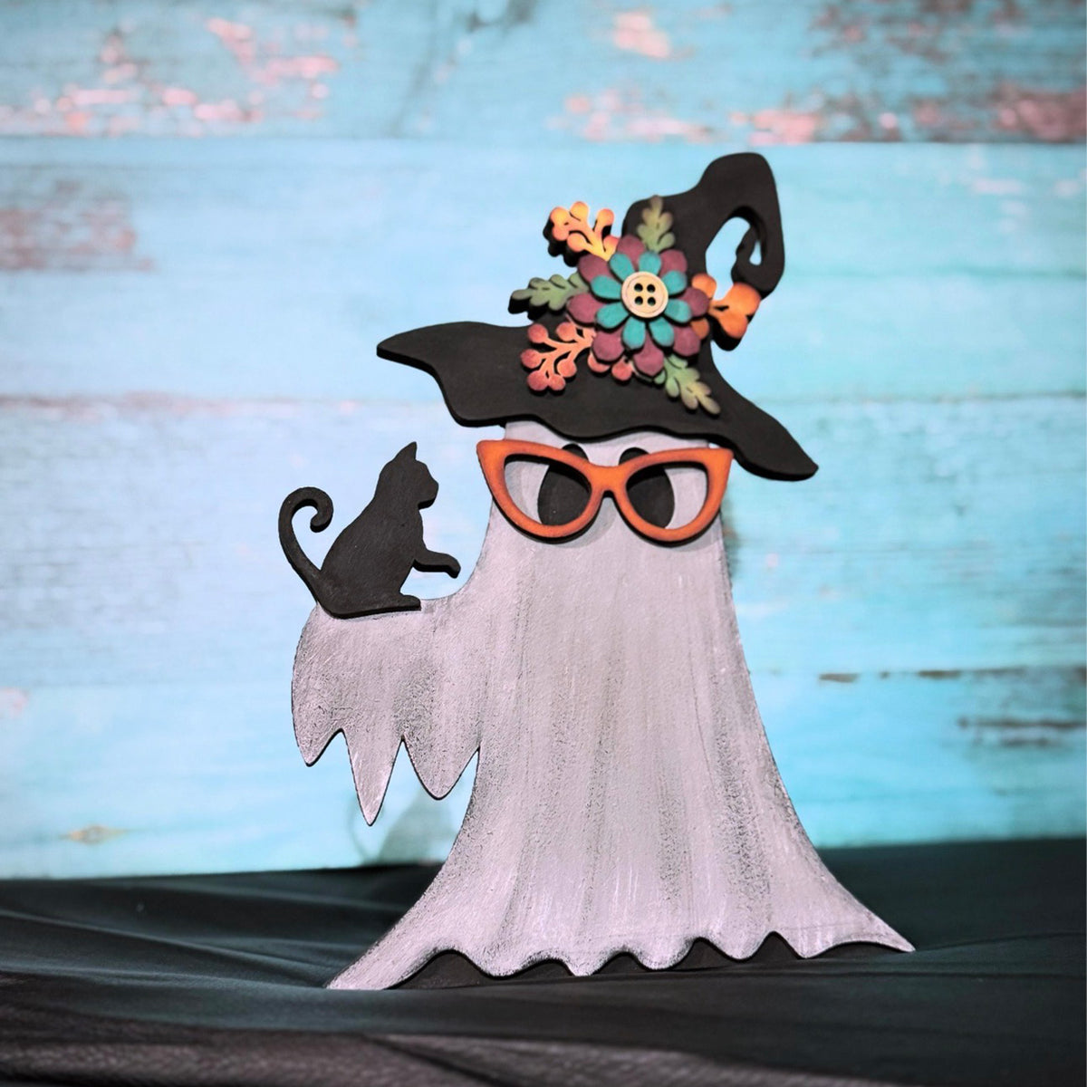 Cute Cat Lady Ghost with Witch Hat & Black Cat Shelf Leaner - Glowforge