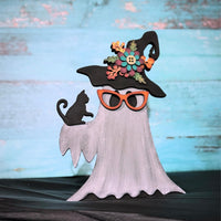 Cute Cat Lady Ghost with Witch Hat & Black Cat Shelf Leaner - Glowforge