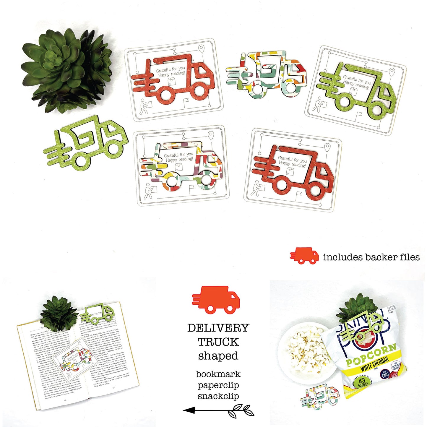 Delivery Truck Shaped Bookmark with Card Backer - Paperclip - Snack Bag Closure - Glowforge