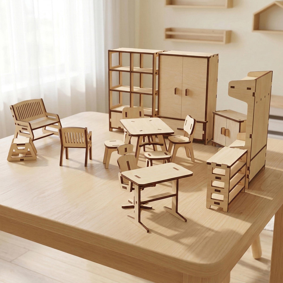 Doll Furniture Set in Scale 1:12 - Wardrobes, Cupboard, Table, Chairs & PC Chair Collection - Glowforge