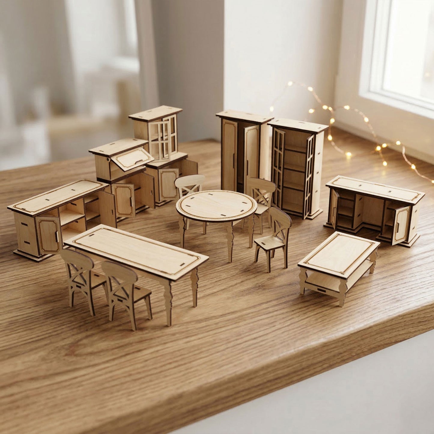 Dollhouse Furniture Set 1:12 – Miniature Table, Chairs & Cabinets Collection - Glowforge