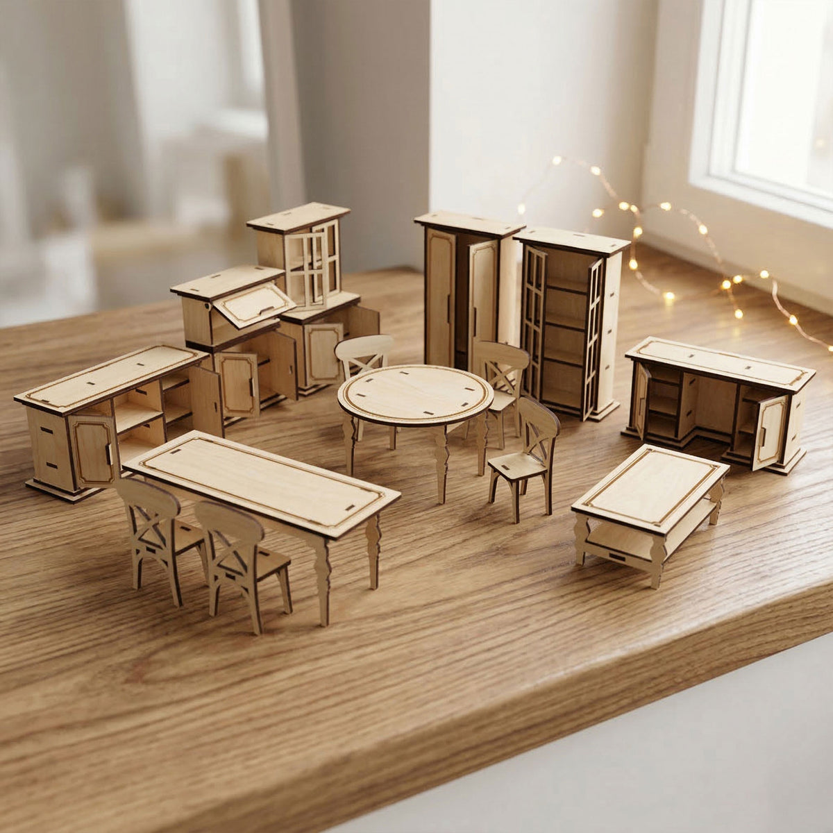 Dollhouse Furniture Set 1:12 – Miniature Table, Chairs & Cabinets Collection - Glowforge