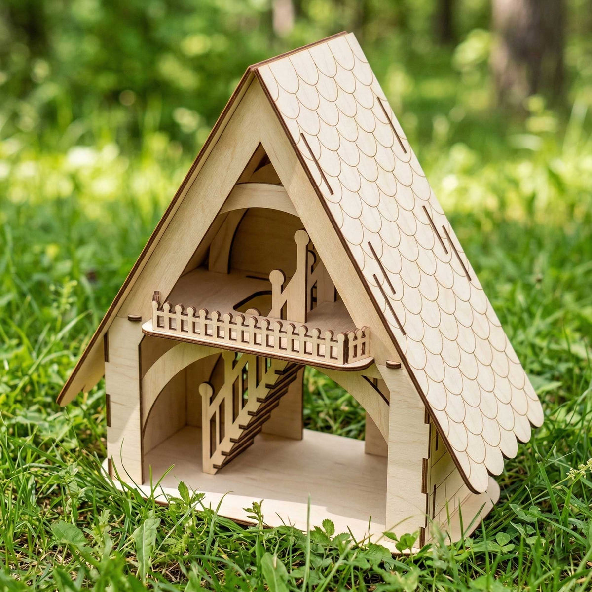 Dollhouse with Open Back - Miniature House with Balcony & Stairs - Glowforge