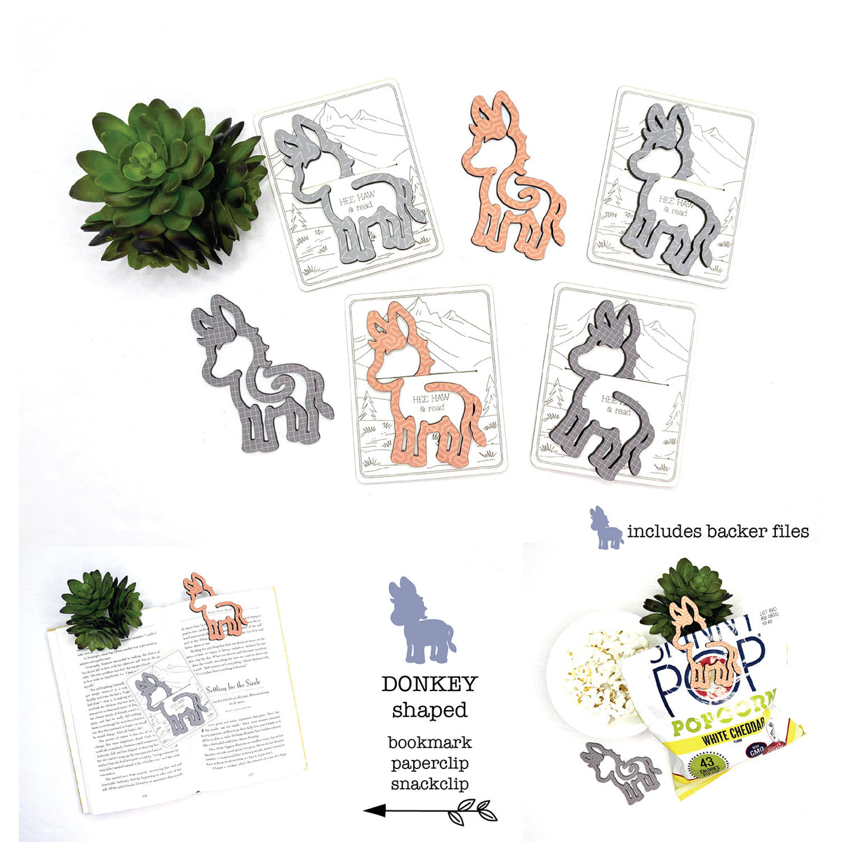 Donkey Bookmark with Card Backer - Paperclip - Snack Bag Closure - Glowforge