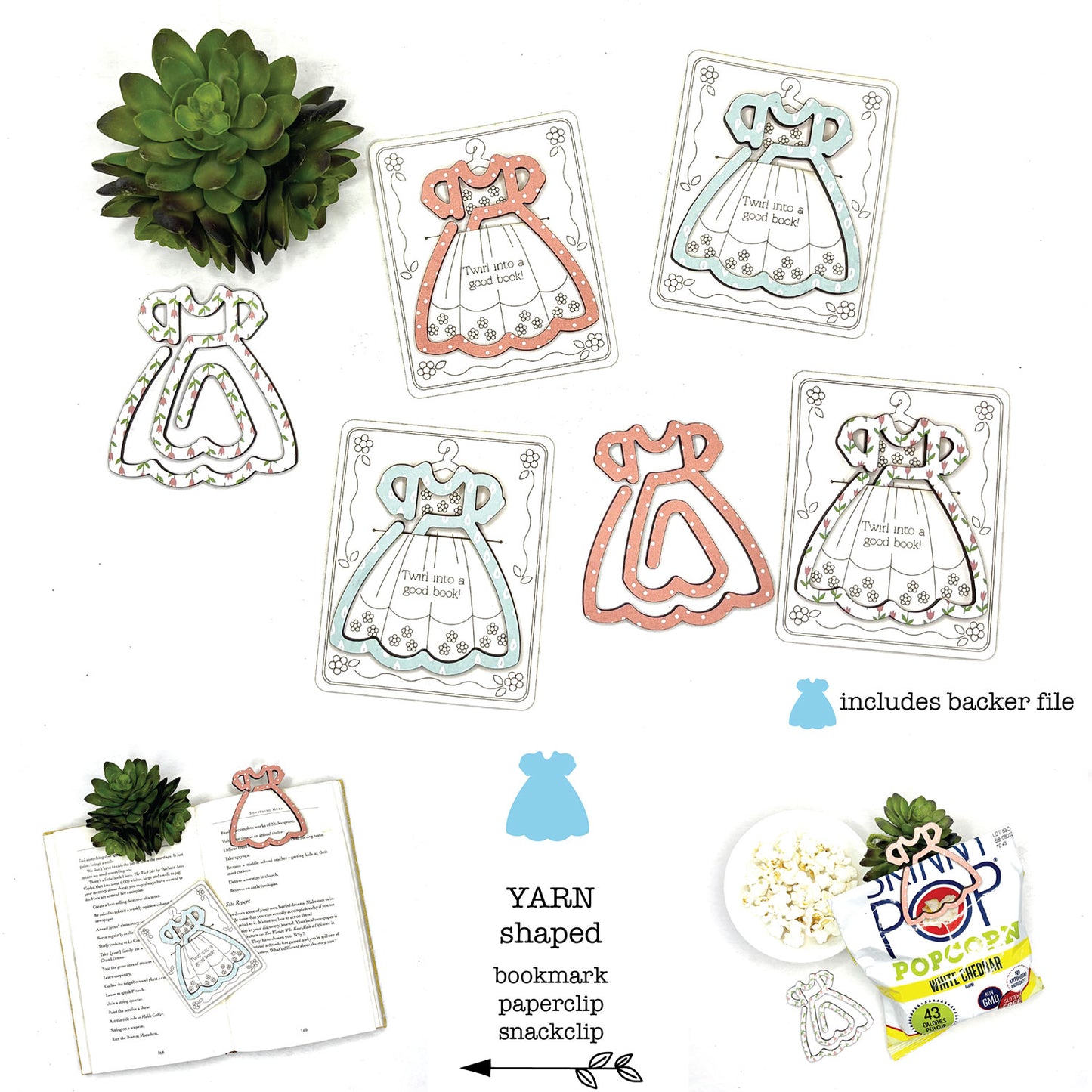 Dress Shaped Bookmark with Card Backer - Paperclip - Snack Bag Closure - Glowforge