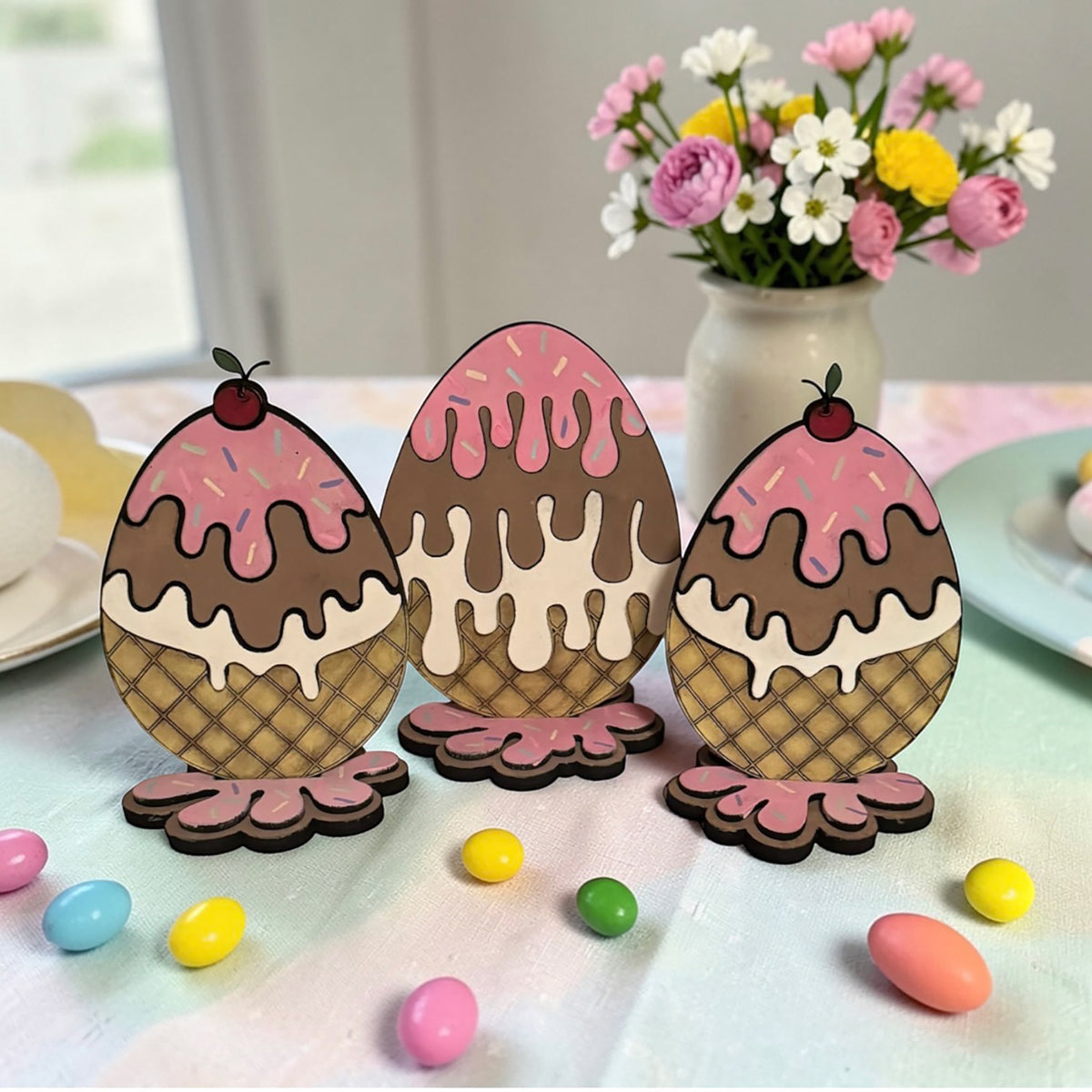 Drippy Ice Cream Cone Easter Eggs Shelf Sitters (Set of 3) - Glowforge