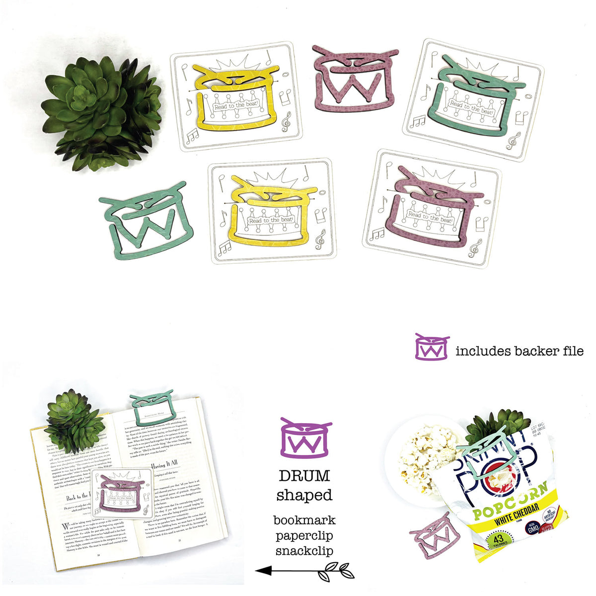 Drum Shaped Bookmark with Card Backer - Paperclip - Snack Bag Closure - Glowforge