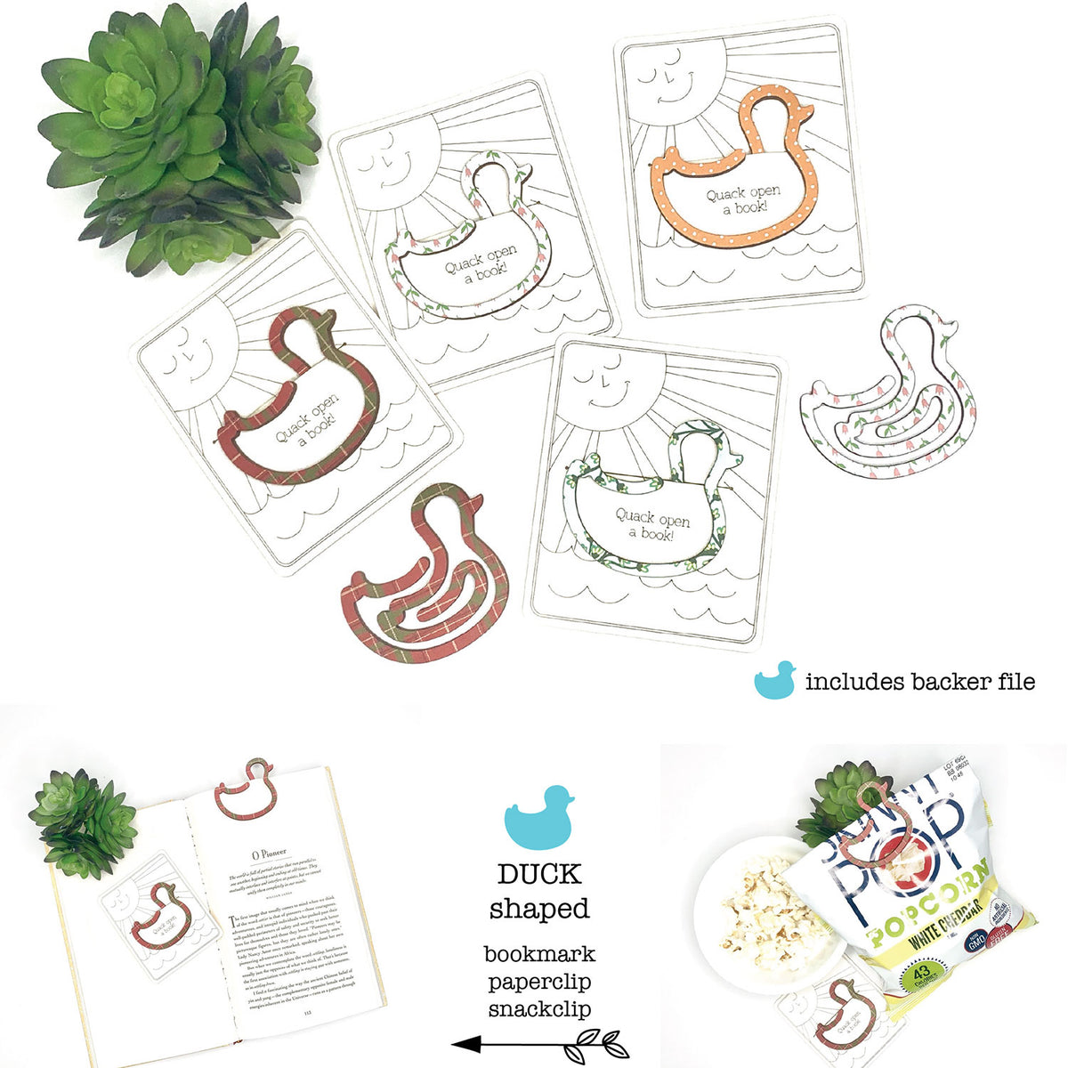 Duck Shaped Bookmark with Card Backer - Paperclip - Snack Bag Closure - Glowforge