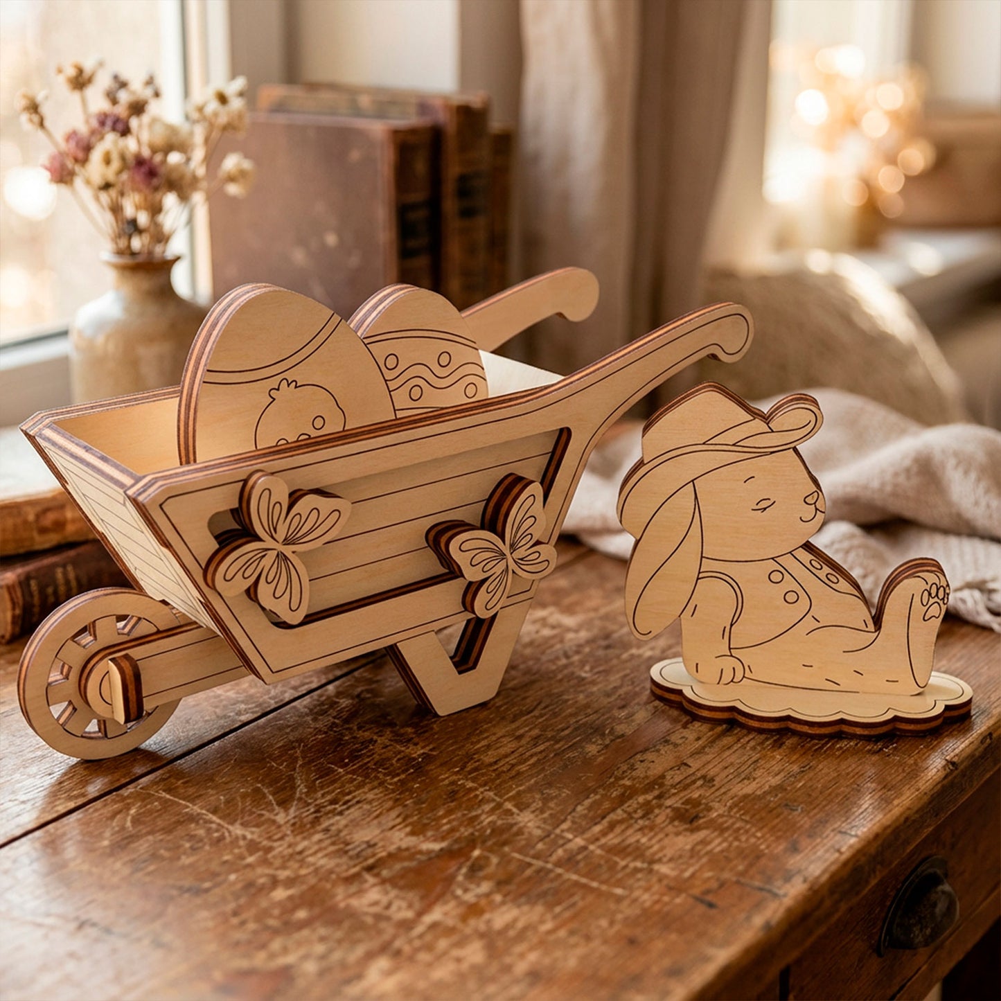 Easter Bunny with Egg Wheelbarrow - Festive Spring Decoration - Glowforge