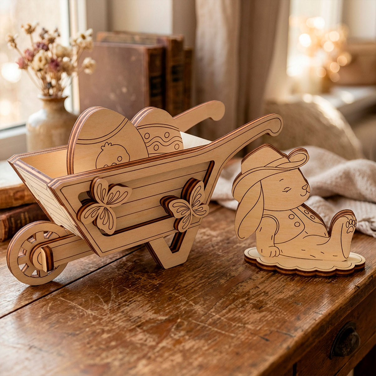Easter Bunny with Egg Wheelbarrow - Festive Spring Decoration - Glowforge