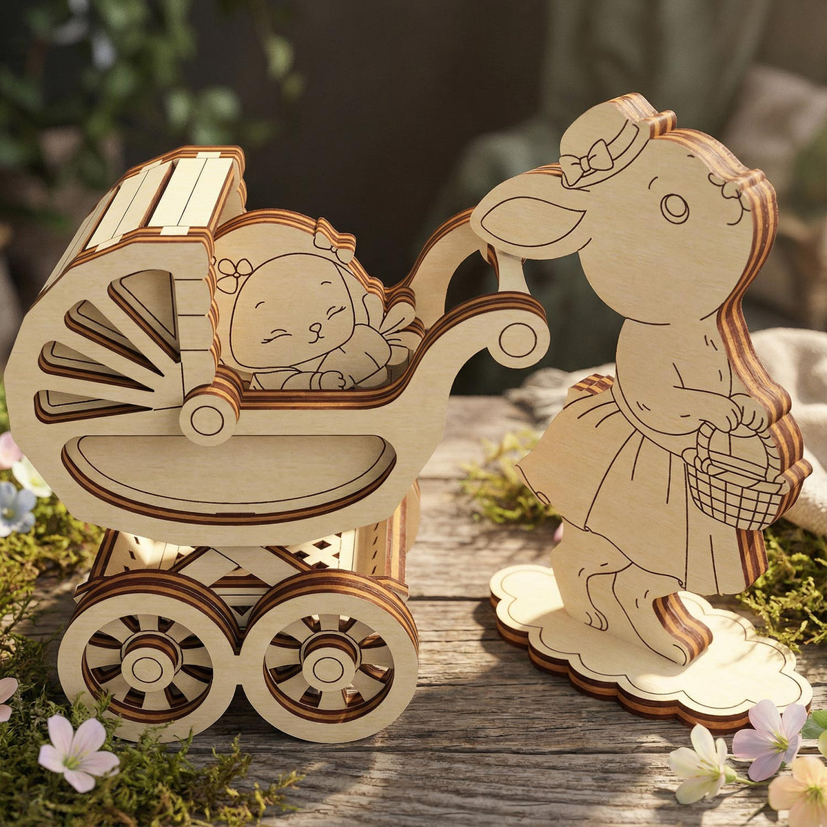 Easter Bunny with Stroller - Miniature Scene with Baby Bunny - Glowforge