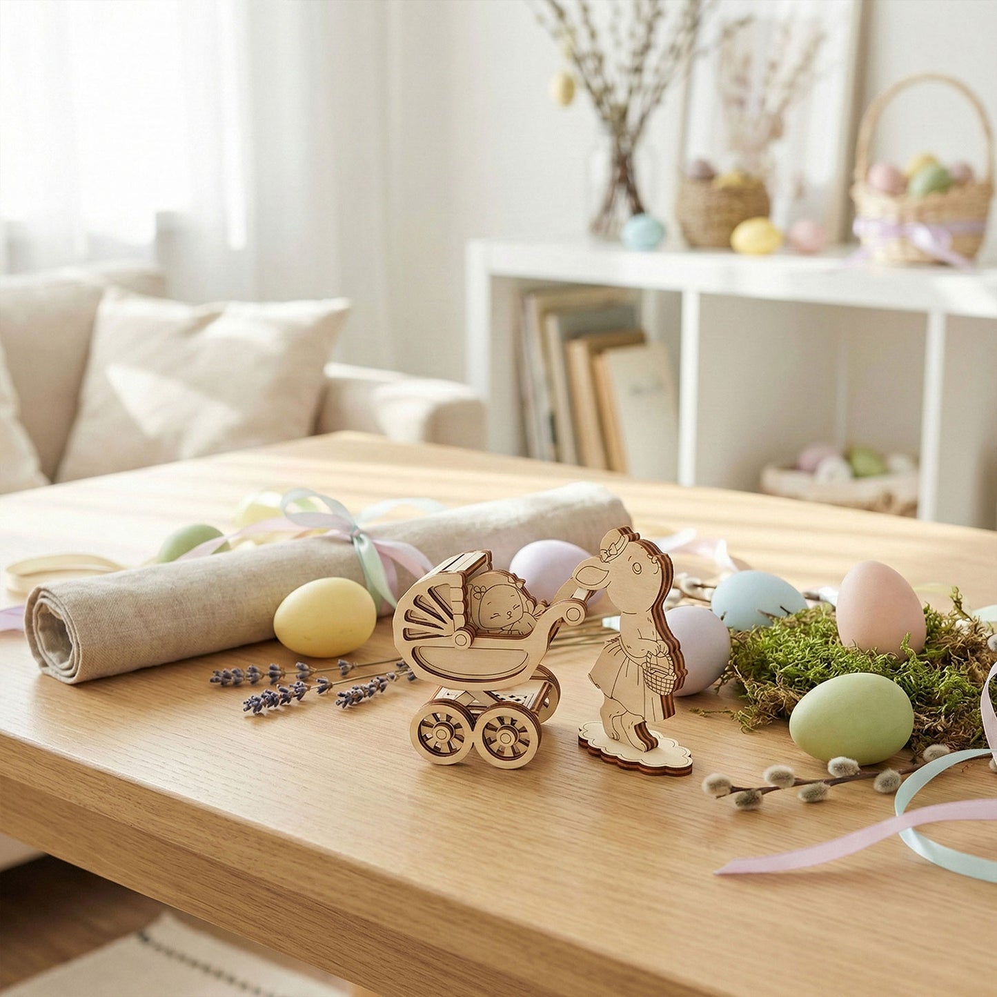 Easter Bunny with Stroller - Miniature Scene with Baby Bunny - Glowforge