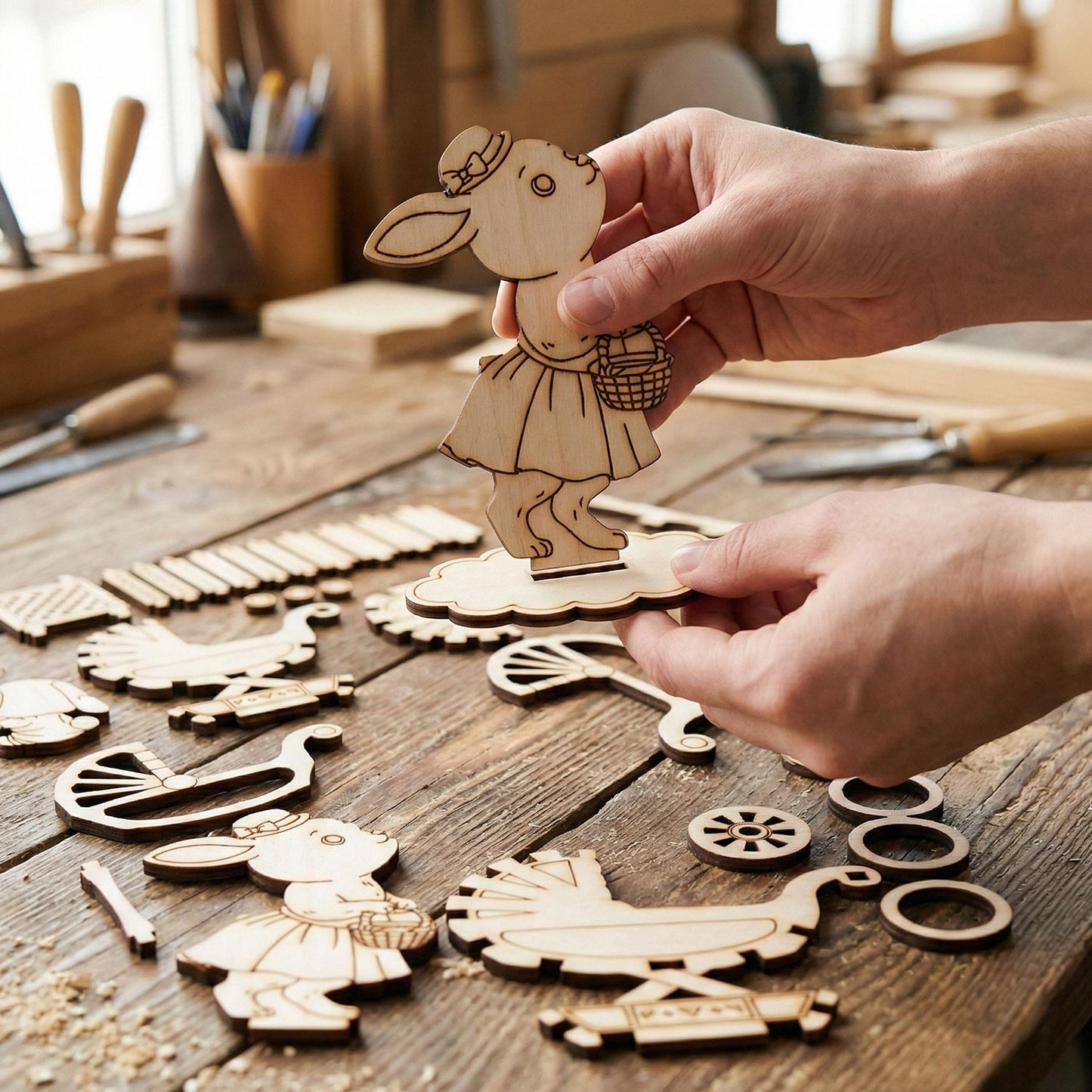 Easter Bunny with Stroller - Miniature Scene with Baby Bunny - Glowforge