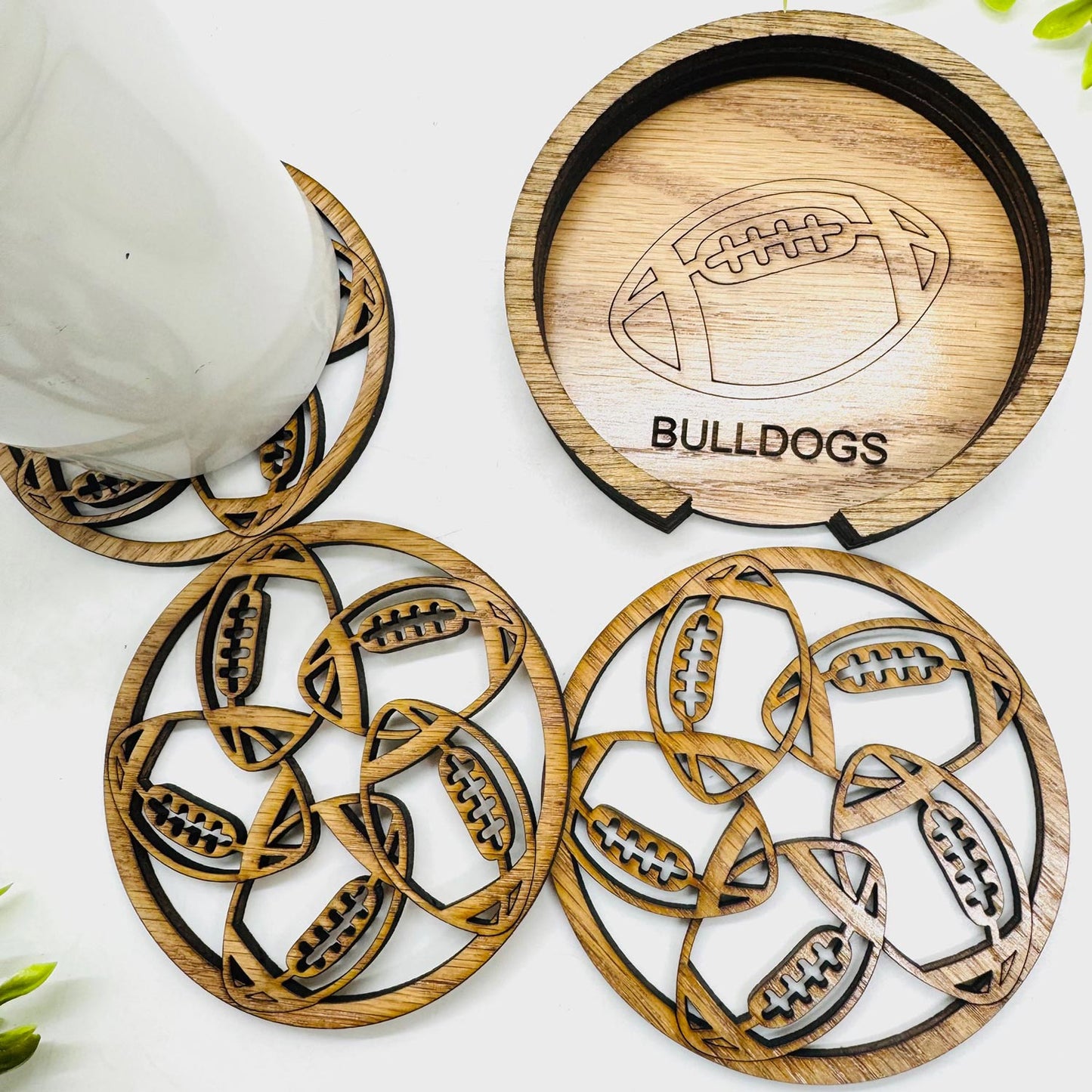 Editable Football Coaster Table Protector (Set of 3) with Expanding Holder - Glowforge