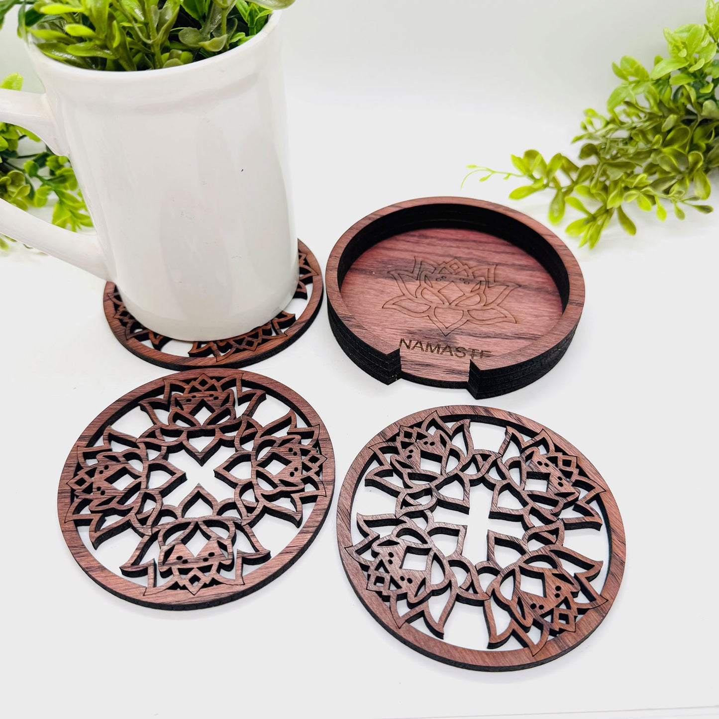 Editable Lotus Mandala Coaster Table Protector (Set of 3) with Expanding Holder - Glowforge