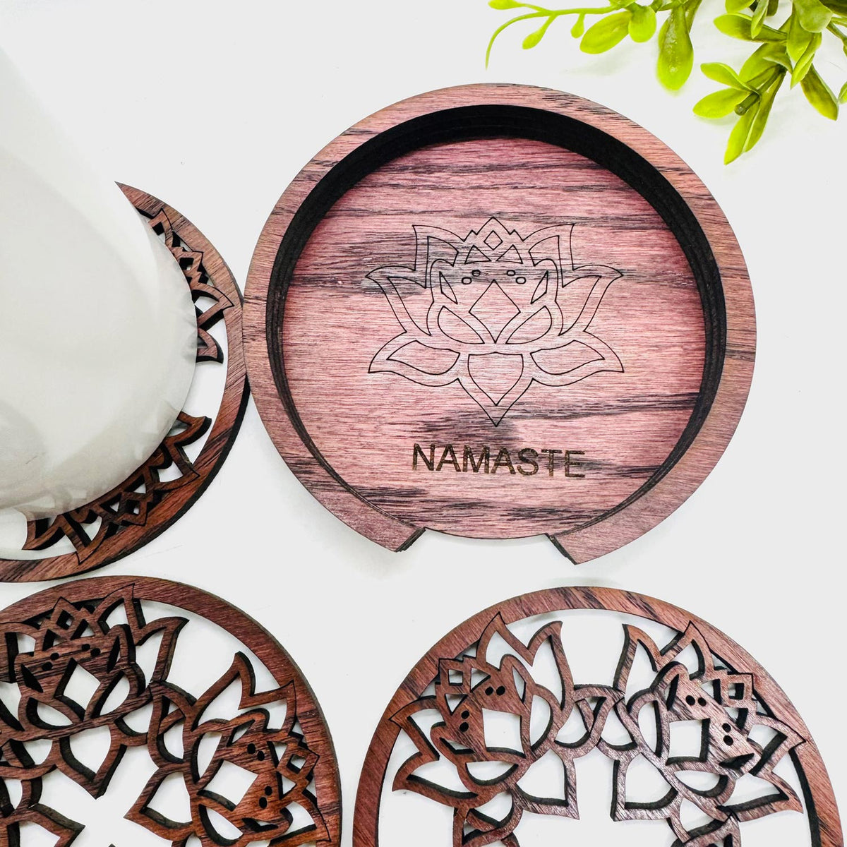 Editable Lotus Mandala Coaster Table Protector (Set of 3) with Expanding Holder - Glowforge