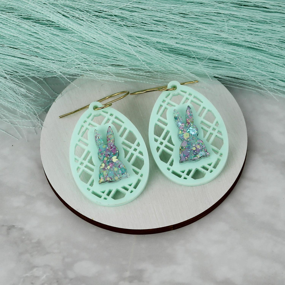 Egg Earrings with Diagonal Lattice & Bunny Back Silhouette - Easter Earrings- Glowforge