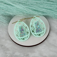 Egg Earrings with Diagonal Lattice & Bunny Back Silhouette - Easter Earrings- Glowforge