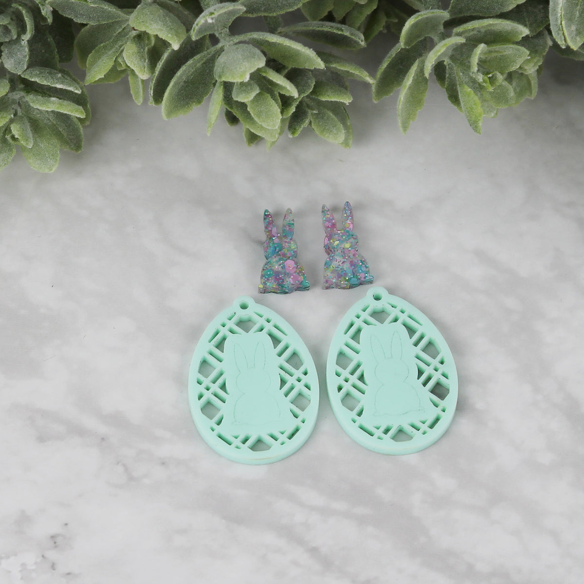 Egg Earrings with Diagonal Lattice & Bunny Back Silhouette - Easter Earrings - Glowforge
