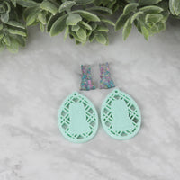 Egg Earrings with Diagonal Lattice & Bunny Back Silhouette - Easter Earrings - Glowforge