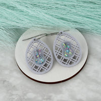 Egg Earrings with Diagonal Lattice and Bunny Head Silhouette - Easter Earrings - Glowforge