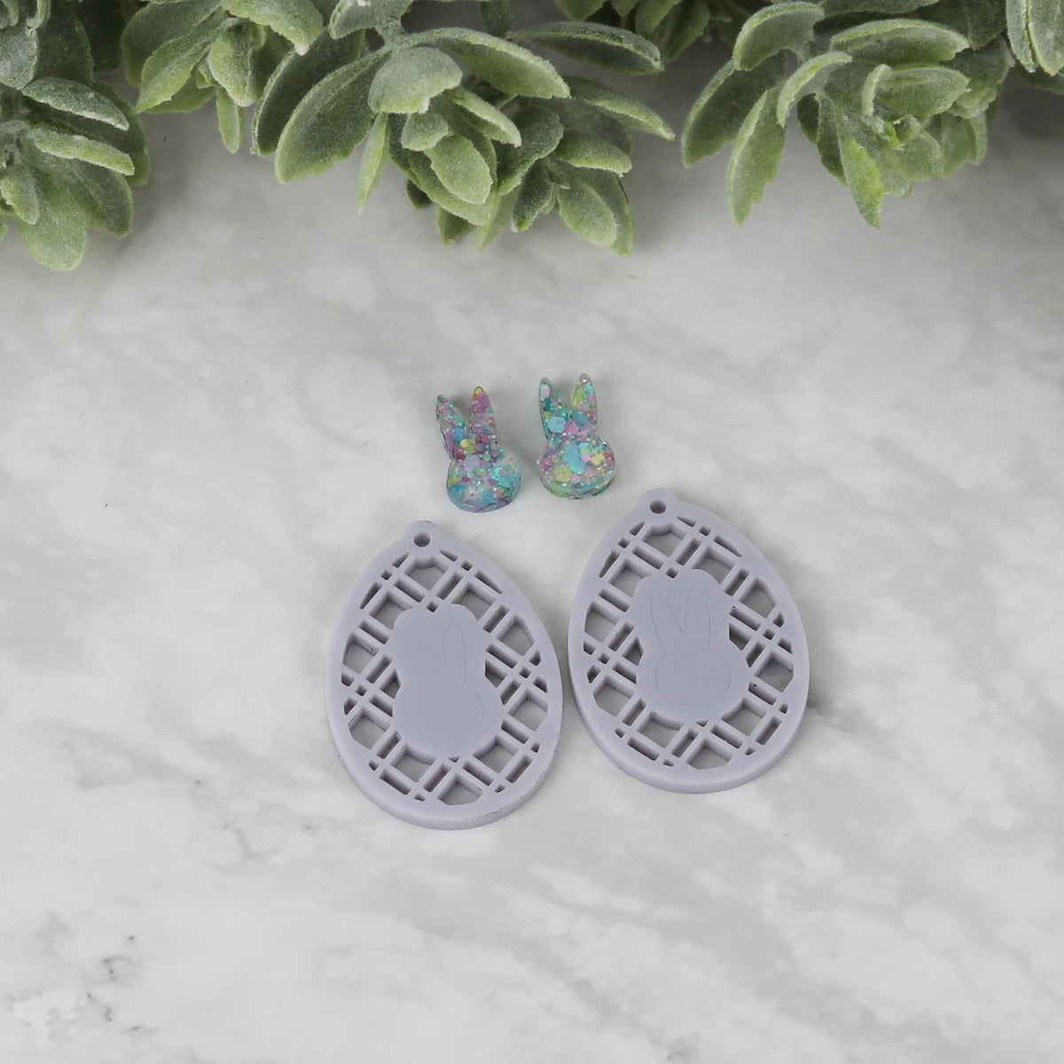 Egg Earrings with Diagonal Lattice and Bunny Head Silhouette - Easter Earrings - Glowforge