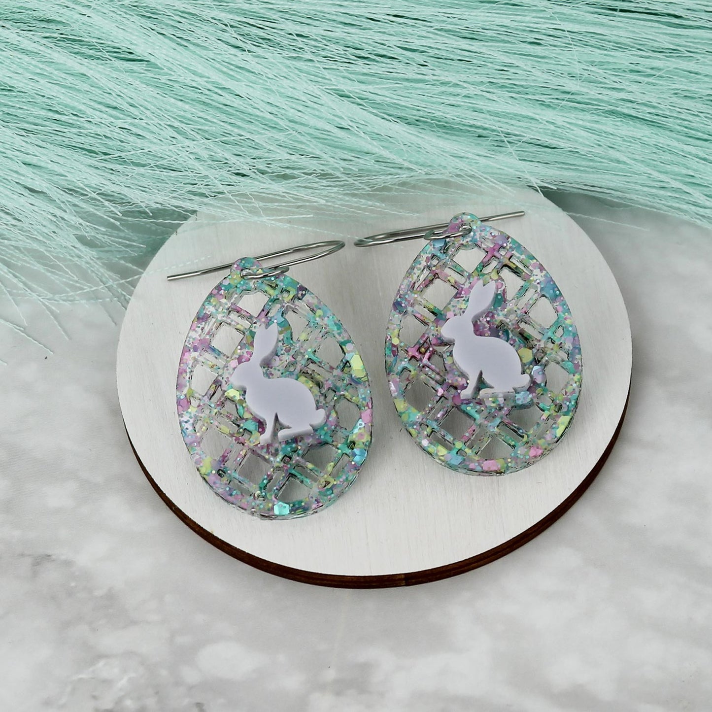 Egg Earrings with Diagonal Lattice and Bunny Side Silhouette - Easter Earrings - Glowforge