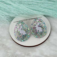 Egg Earrings with Diagonal Lattice and Bunny Side Silhouette - Easter Earrings - Glowforge