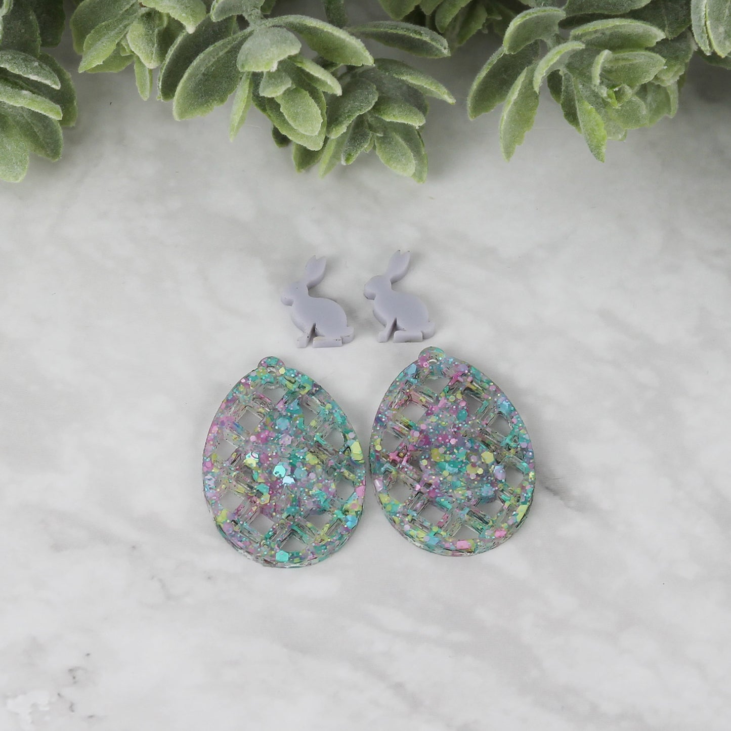Egg Earrings with Diagonal Lattice and Bunny Side Silhouette - Easter Earrings - Glowforge