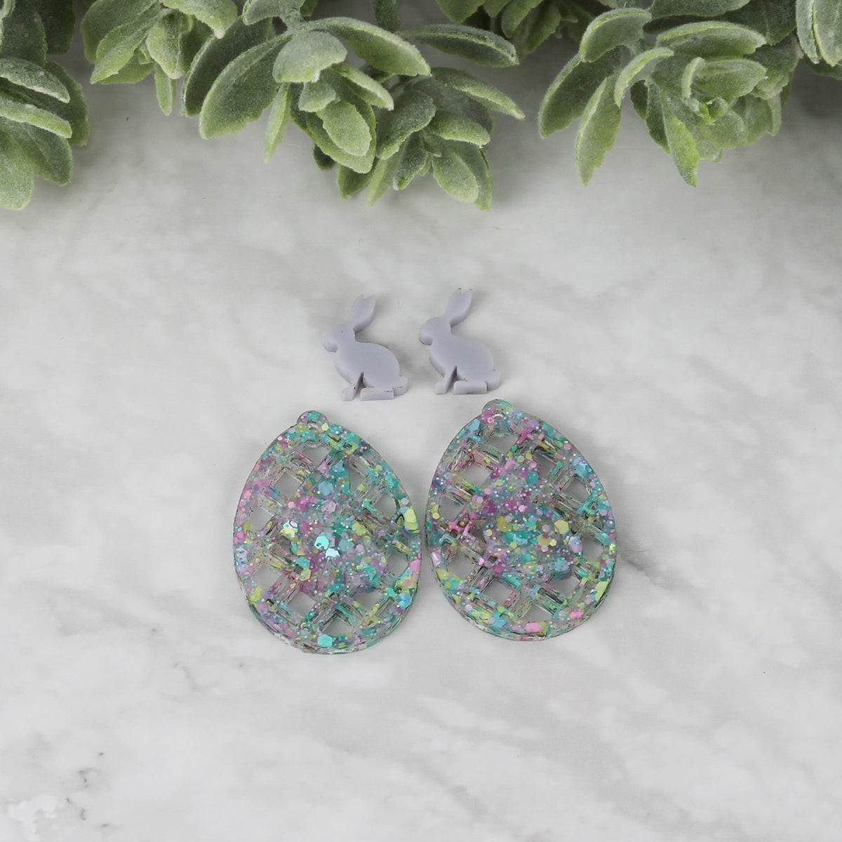 Egg Earrings with Diagonal Lattice and Bunny Side Silhouette - Easter Earrings - Glowforge