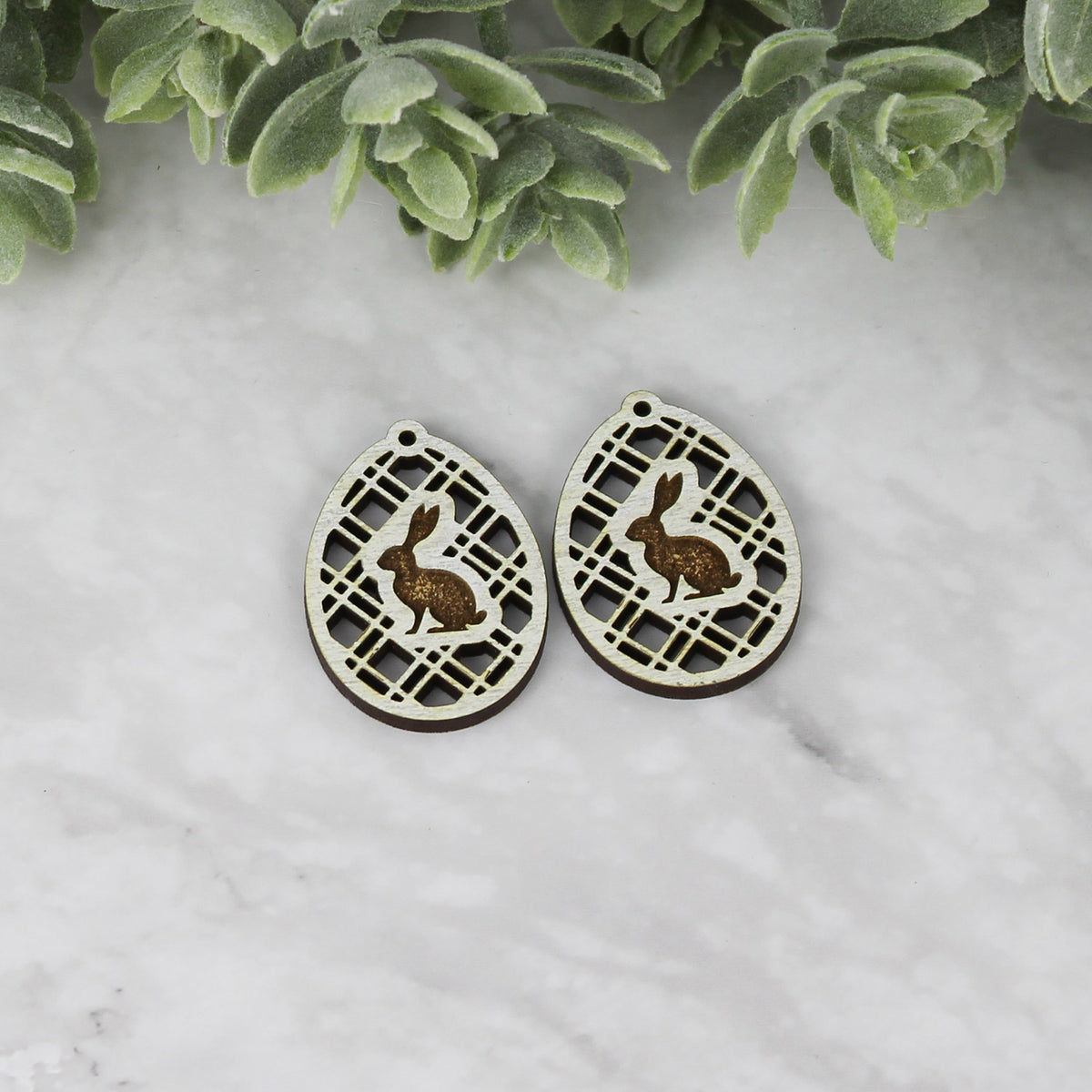 Egg Earrings with Diagonal Lattice and Bunny Side Silhouette - Easter Earrings - Glowforge