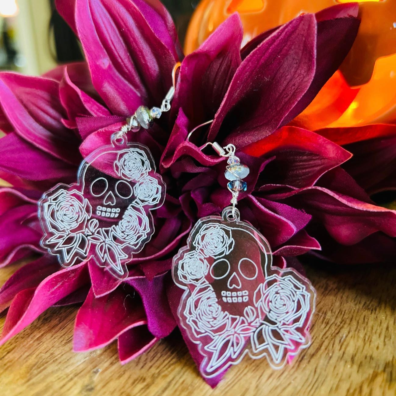 Elegant Floral Skull Earrings - Glowforge