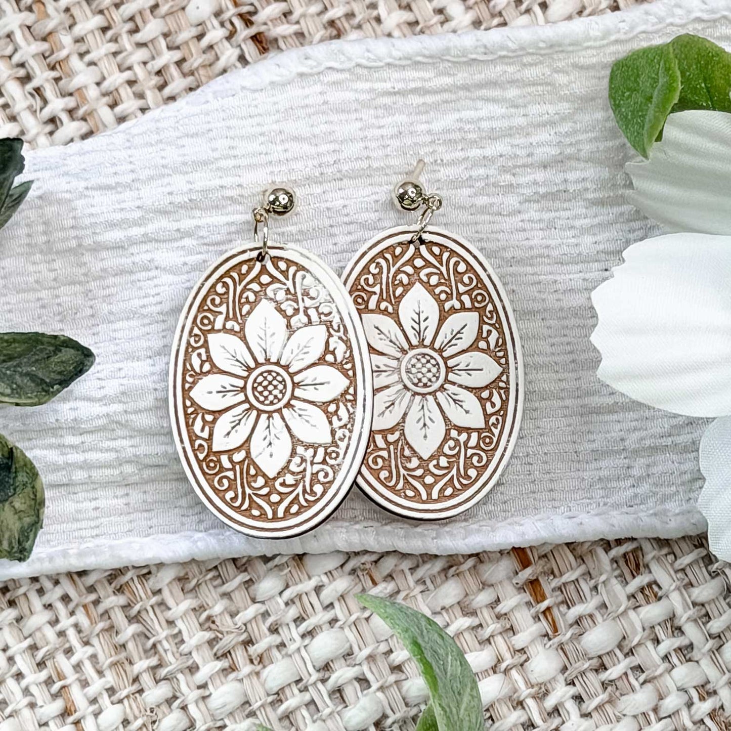 Elegant Moroccan Tile Oval Drop Earrings with Floral Center - Glowforge