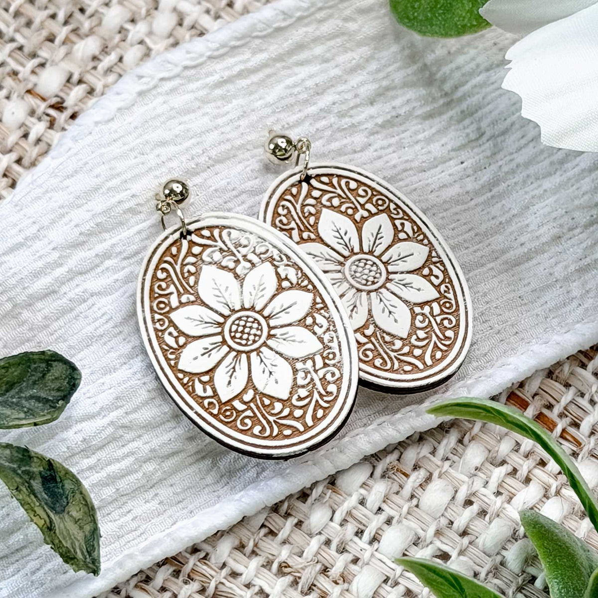 Elegant Moroccan Tile Oval Drop Earrings with Floral Center - Glowforge