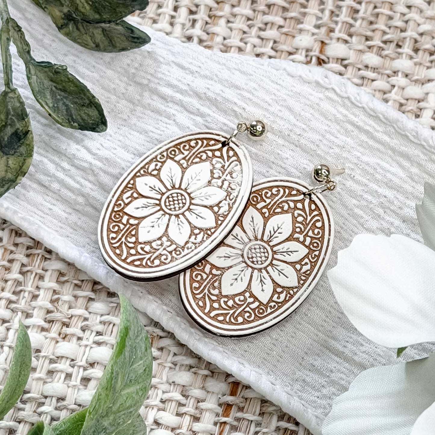 Elegant Moroccan Tile Oval Drop Earrings with Floral Center - Glowforge