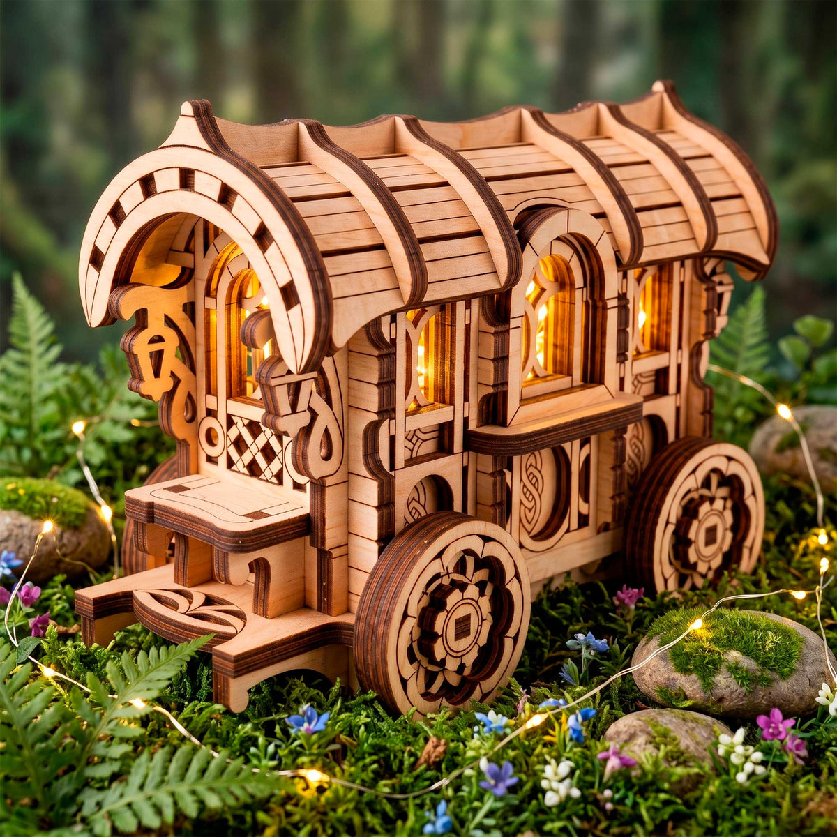 Fairy Wagon Keepsake Box - Ornate Miniature Caravan with Opening Roof - Glowforge