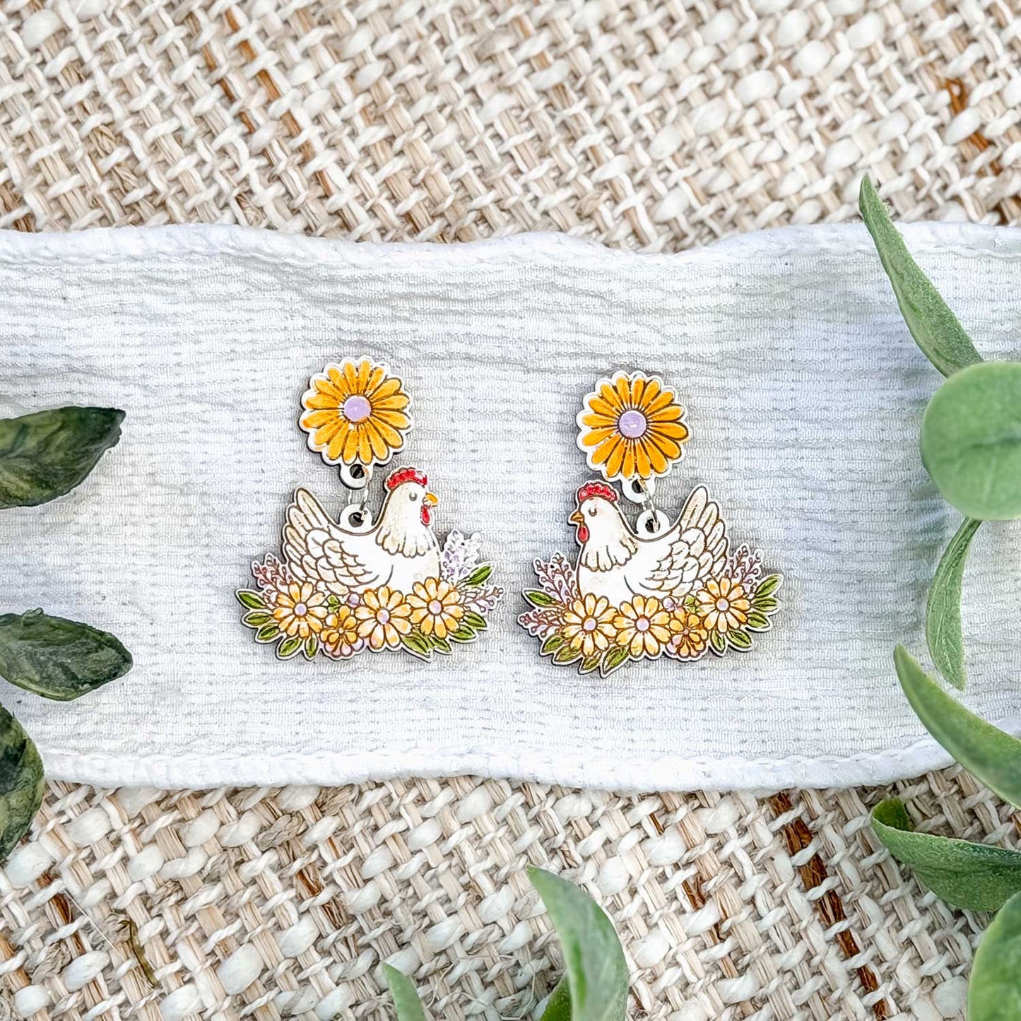 Farmhouse Chicken Floral Dangle Earrings with Daisy Accent - Glowforge